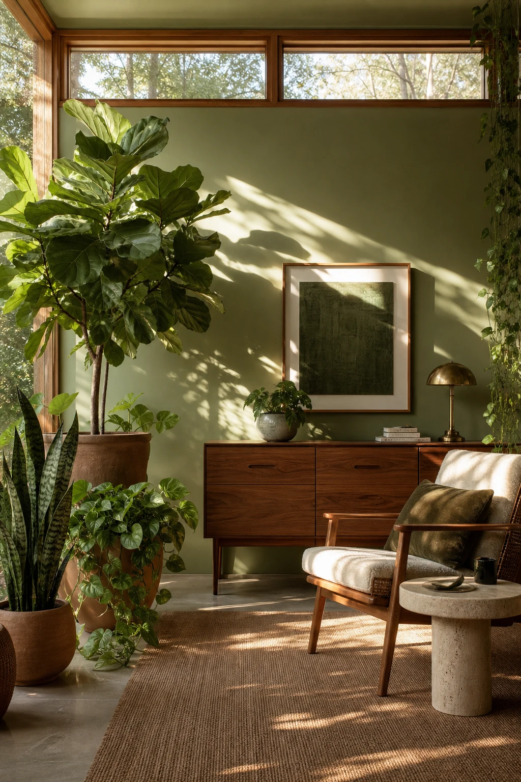 Green Mid Century Modern living room with massed indoor plants as hero, walnut furniture, Farrow and Ball Cooking Apple Green walls, organic textures and natural light