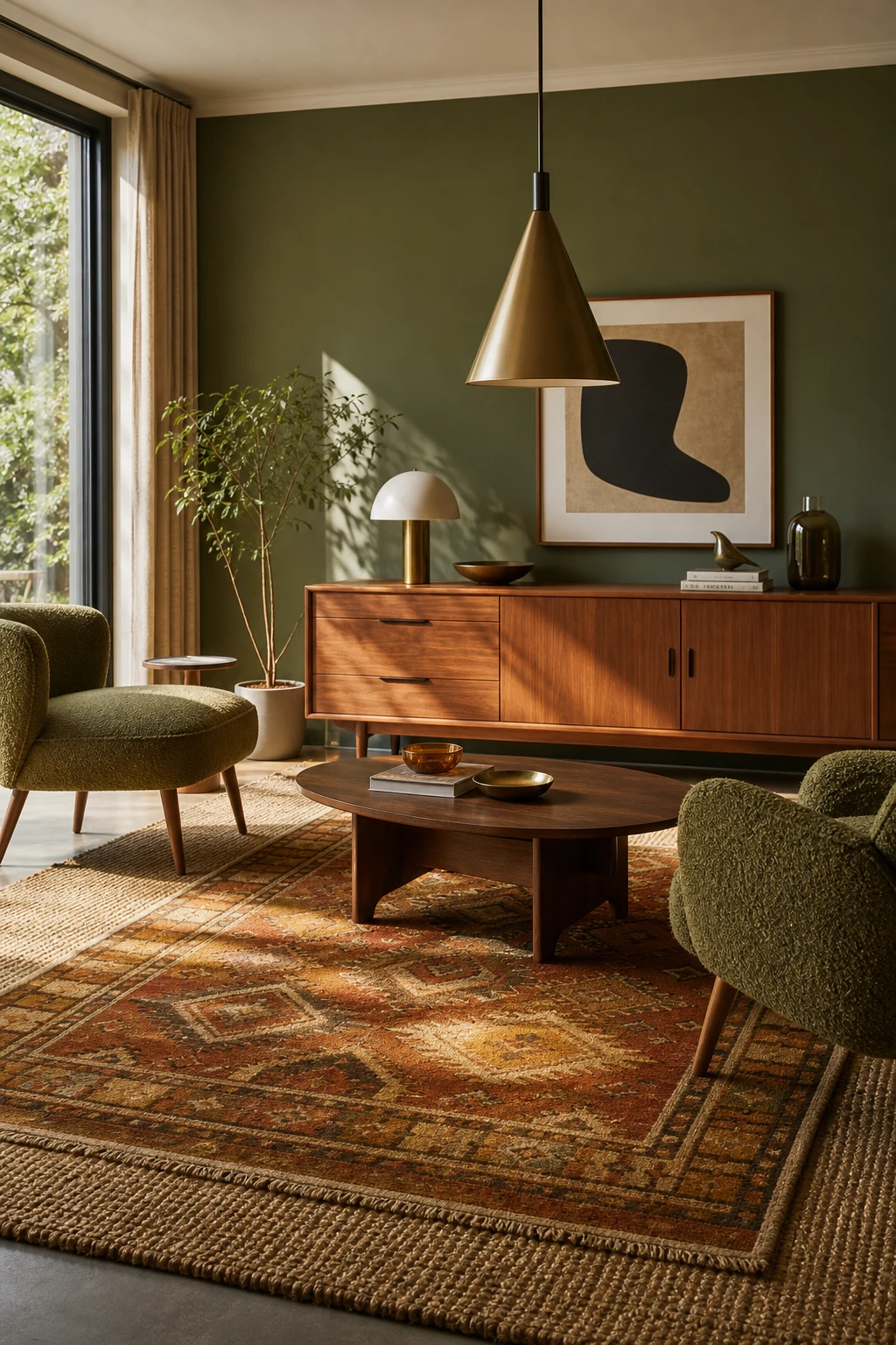 Green mid century modern living room with two layered rugs as the hero, walnut furniture, cone pendant light, and Farrow and Ball Suffield Green walls