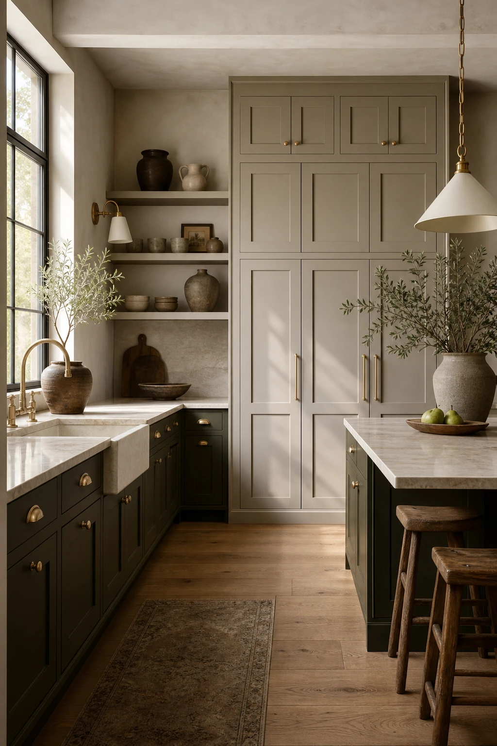 Greige kitchen with warm cabinetry, stone countertops, and natural light streaming through a window over the sink