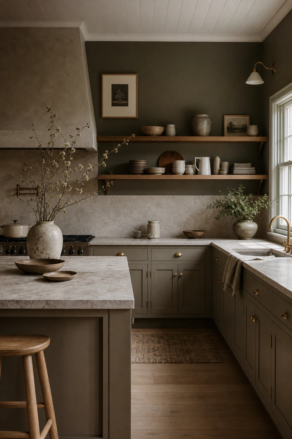 Greige palette brown and beige kitchen with warm grey cabinetry, stone countertops, natural wood open shelving, and Farrow and Ball Broccoli Brown walls in soft morning light