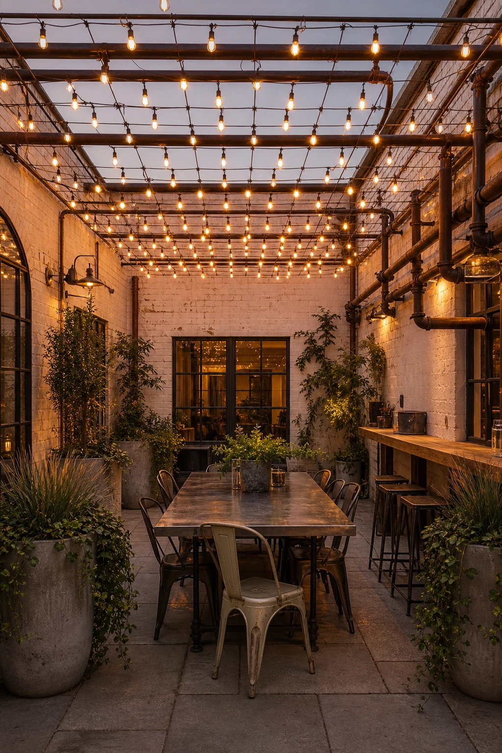 Industrial courtyard garden with fairy light canopy strung between salvaged iron pipes, warm evening glow, Shadow White painted brick walls, metal planters