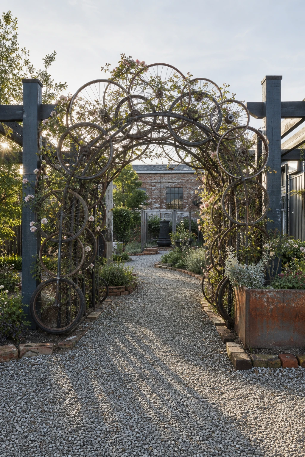 Industrial garden arch made from stacked bicycle wheels forming a tunnel entry, climbers woven through spokes, Inchyra Blue painted timber pergola posts, gravel path below