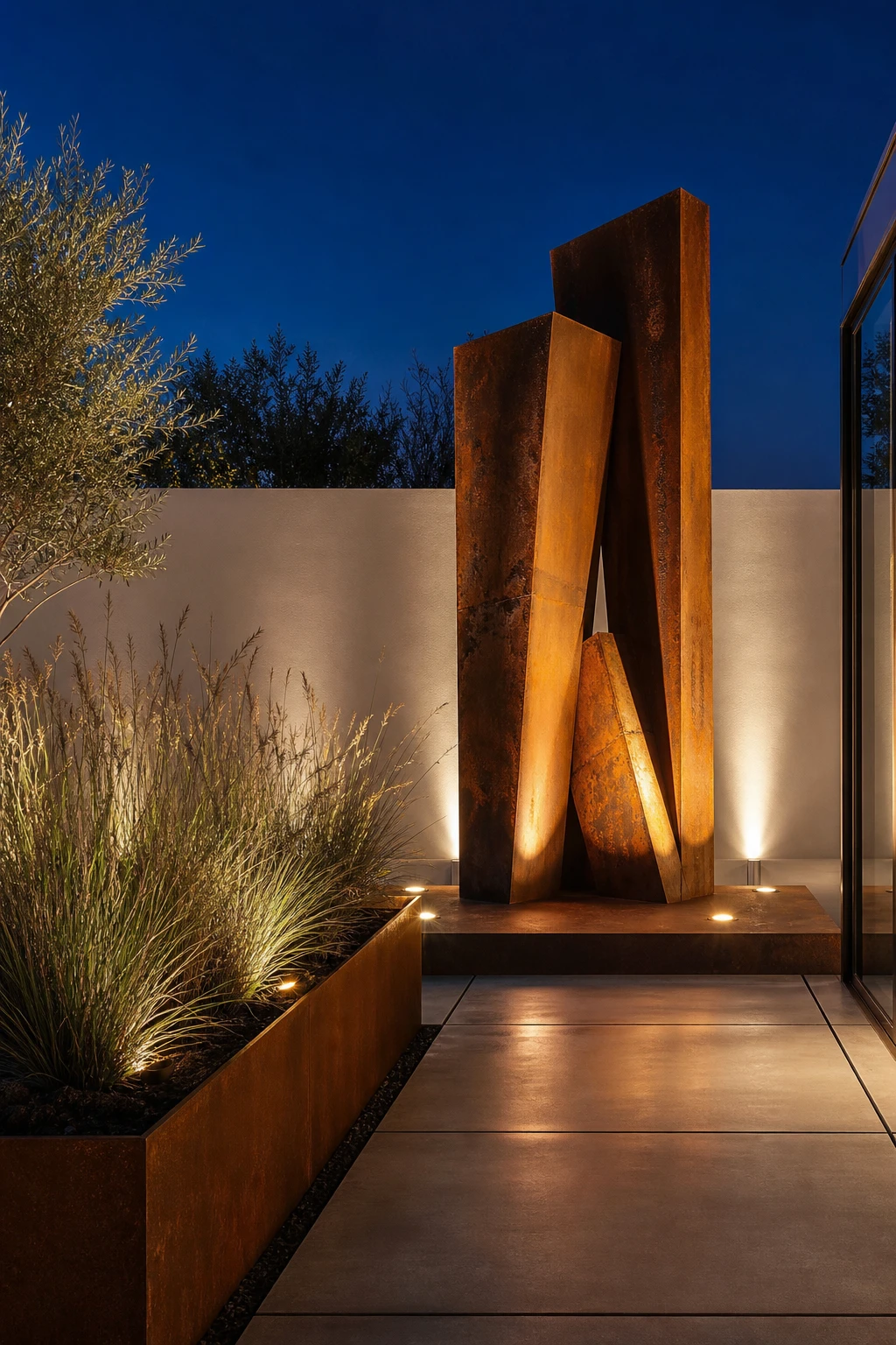 Industrial garden at night with uplighting revealing a raw steel sculpture, Cornforth White rendered wall behind, concrete paving, and corten steel planters in soft amber glow