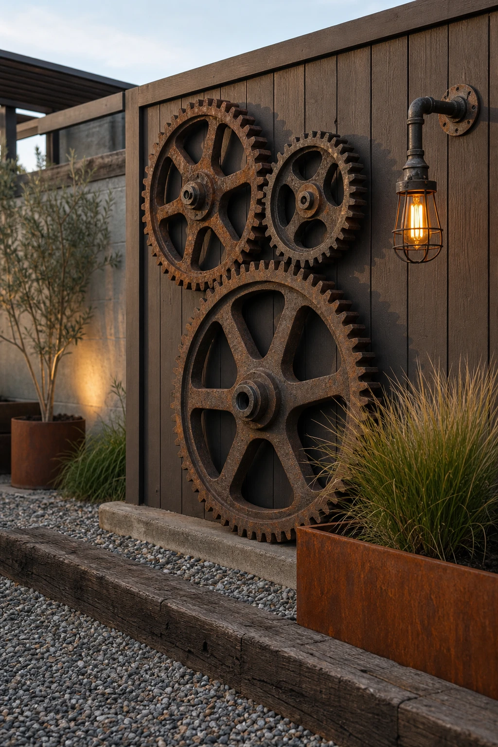 Industrial garden corner featuring oversized rusty mechanical gears mounted and grouped as wall art against a Farrow and Ball Tanners Brown painted timber fence panel