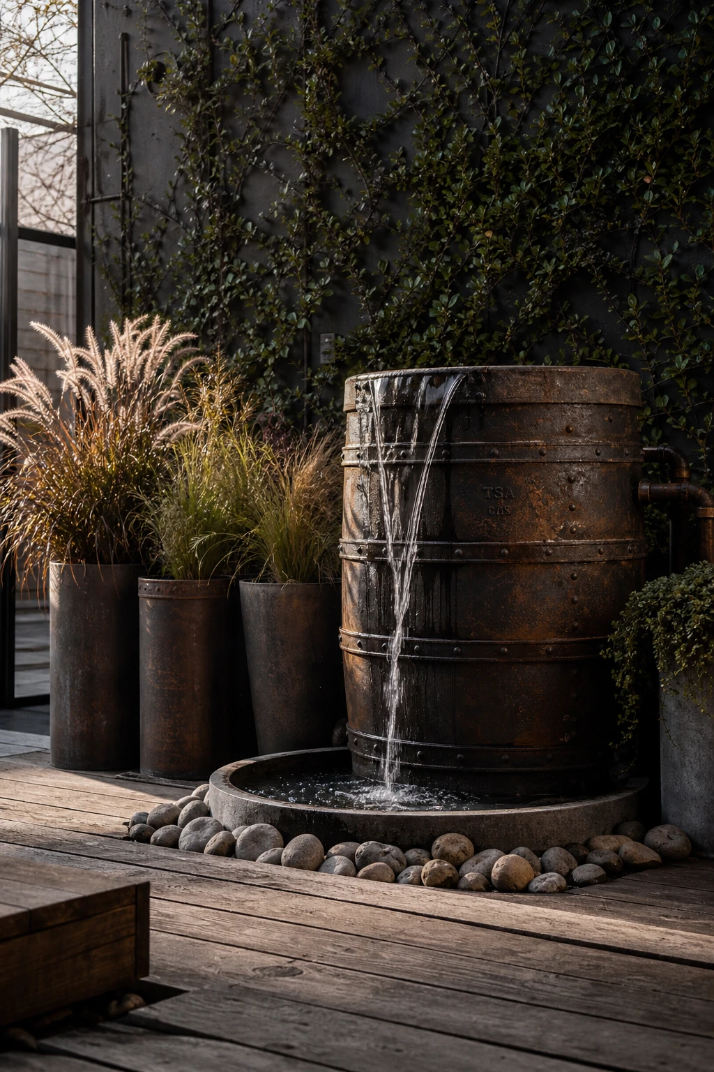 Industrial garden corner with a salvaged metal barrel fountain as the hero, surrounded by aged steel planters, reclaimed timber decking, and climbing ivy on a dark rendered wall