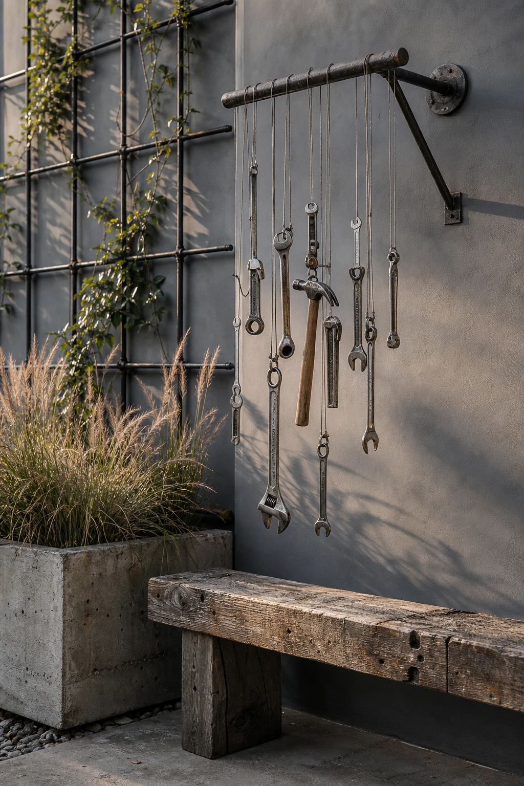 Industrial garden corner with a tool wind chime made from hammers and wrenches hanging from a steel pipe frame, painted Lamp Room Gray wall behind