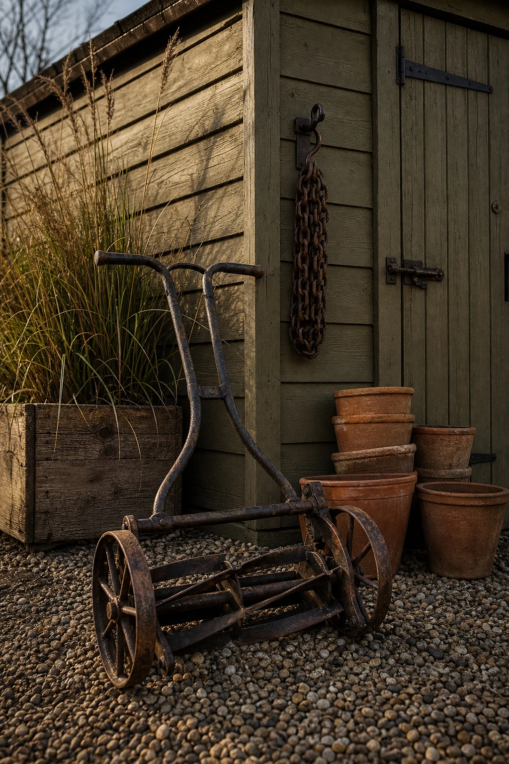 Industrial garden corner with a vintage cast iron push mower as sculptural decor beside a Farrow & Ball Drab painted timber shed wall, aged metal and weathered wood textures