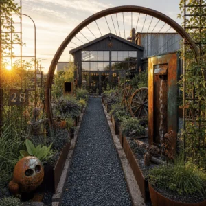 Industrial garden with a black steel greenhouse, corrugated metal panels, reclaimed sleeper edged gravel path, rusted metal sculptures, and a bicycle wheel arch in warm late afternoon light.