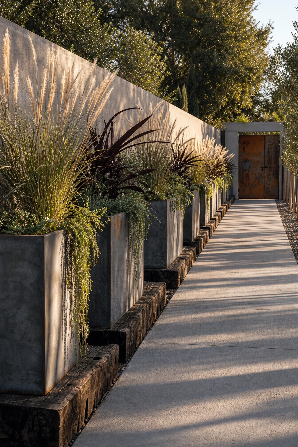 Industrial garden path lined with large metal planter boxes filled with grasses and herbs, Farrow and Ball Purbeck Stone painted wall in background, late afternoon light