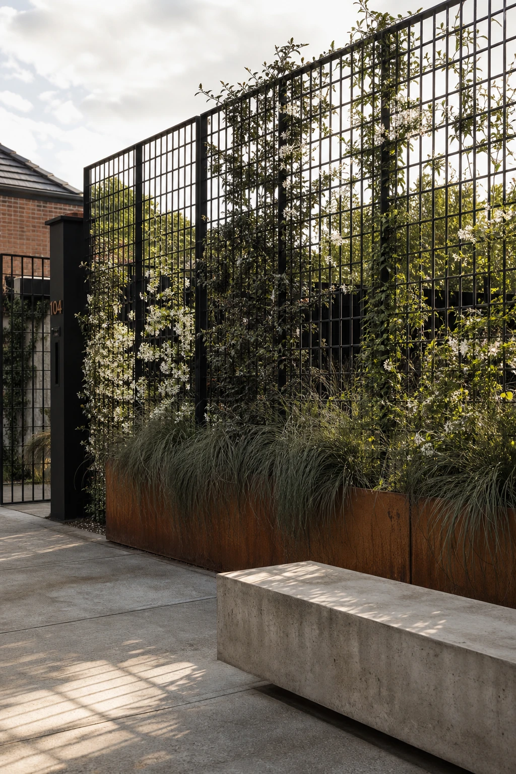 Industrial garden with a black metal trellis fence as the hero, climbing plants, raw concrete pavers, corten steel planters, and Farrow and Ball Tar painted gate post
