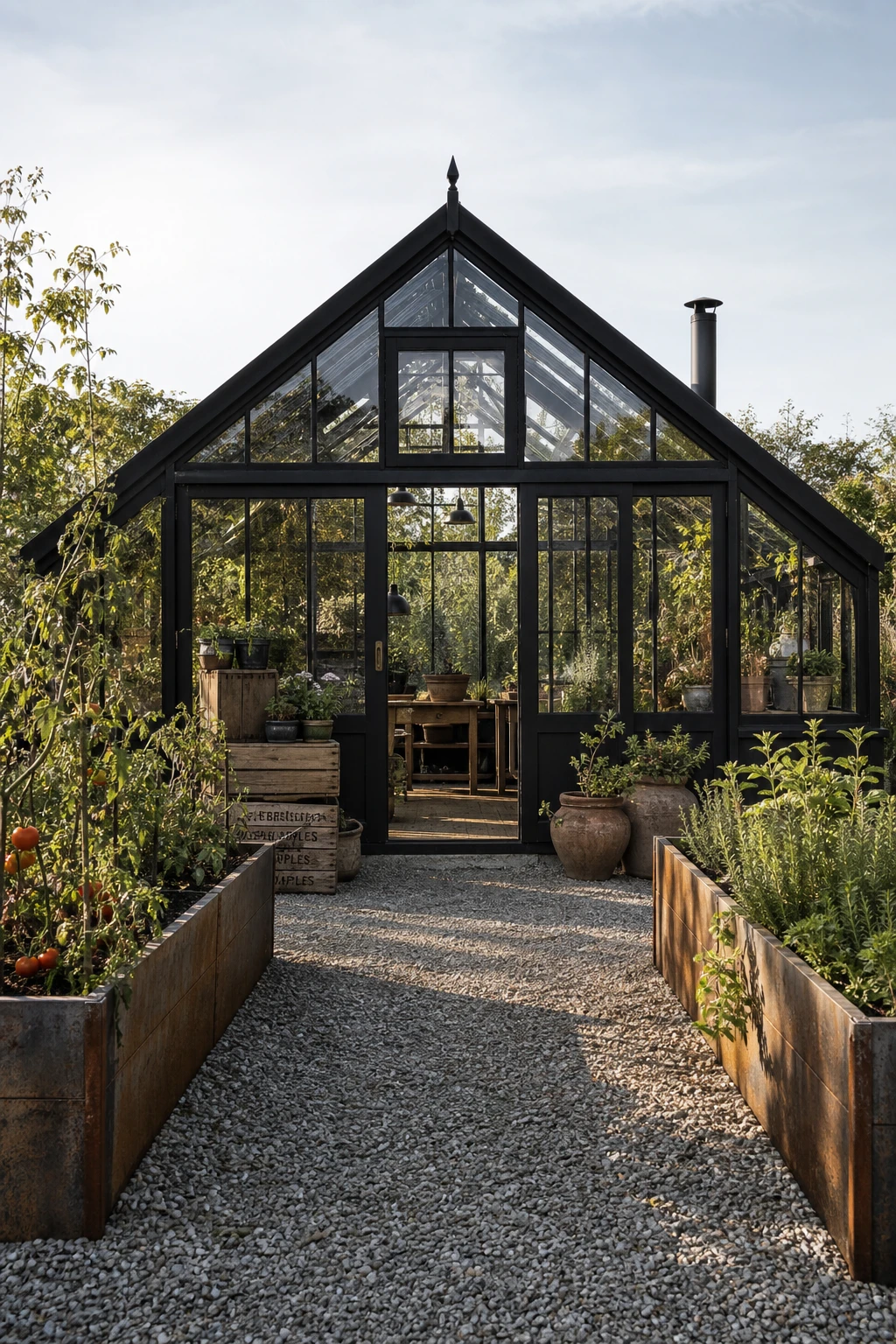 Industrial garden with a black wood greenhouse as the hero, surrounded by raised steel planter beds, gravel paths, and climbing plants under soft morning light.
