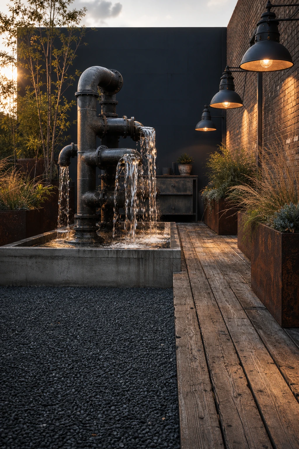 Industrial garden with a cast iron pipe fountain as hero, surrounded by steel planters, gravel ground cover, weathered timber decking and dark grey painted rendered wall
