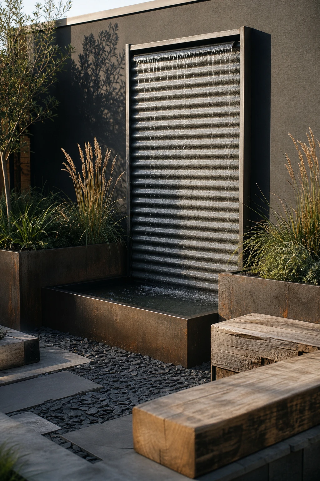 Industrial garden with a corrugated metal water feature as the centrepiece, surrounded by gravel, steel planters, concrete edging and dark grey painted render