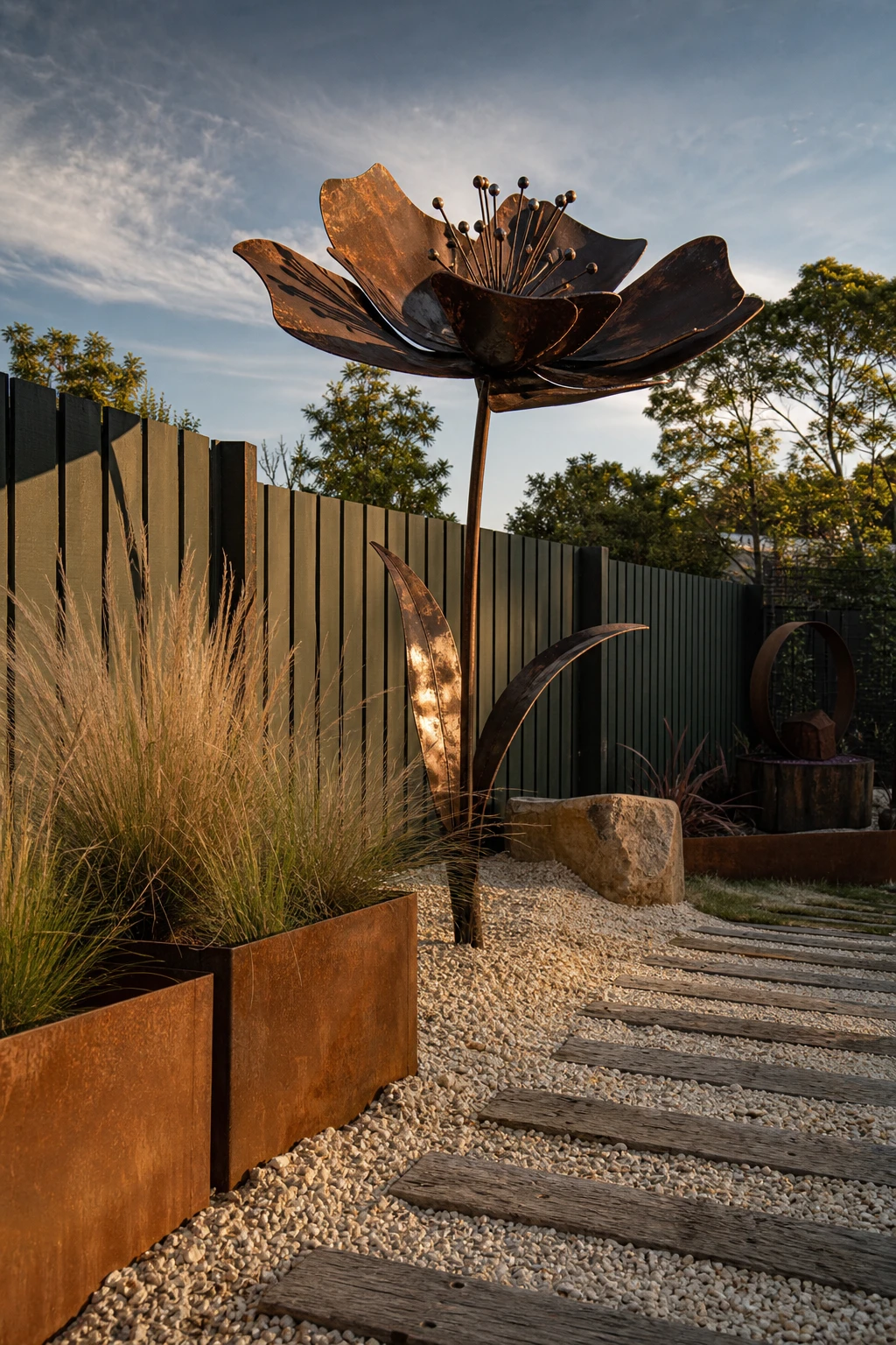 Industrial garden with a large metal floral sculpture as the focal point, surrounded by gravel, raw steel planters and Farrow and Ball Broccoli Brown painted timber fence panels