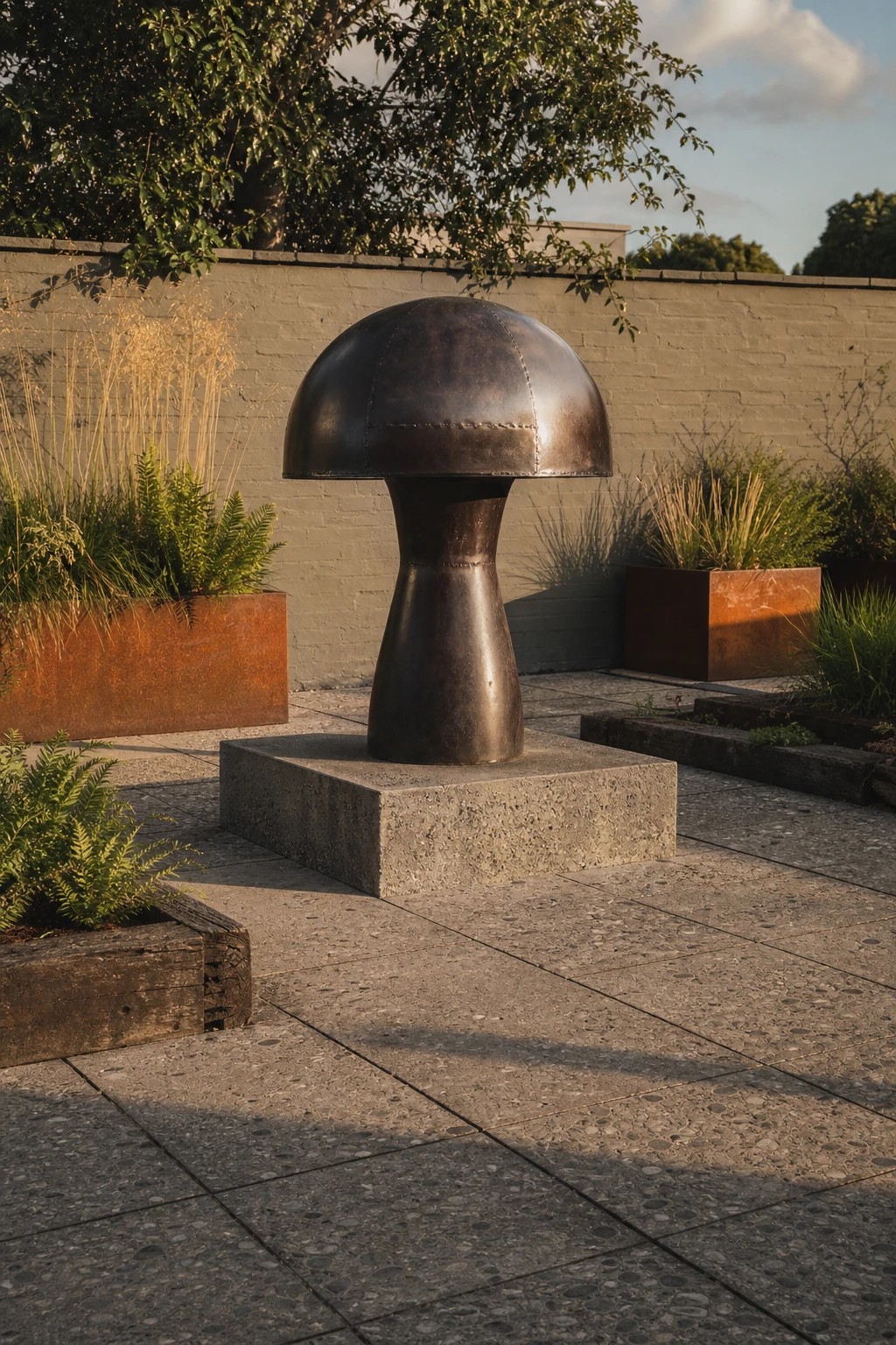 Industrial garden with a large metal mushroom sculpture as the focal point, surrounded by concrete pavers, corten steel planters, and moody London Clay painted boundary wall