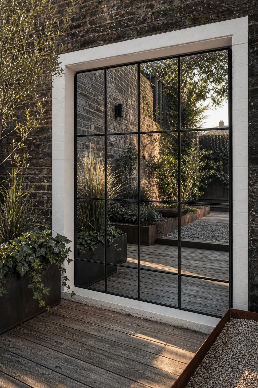 Industrial garden with a large panelled mirror mounted on a dark brick wall, reflecting greenery and steel planters under soft afternoon light