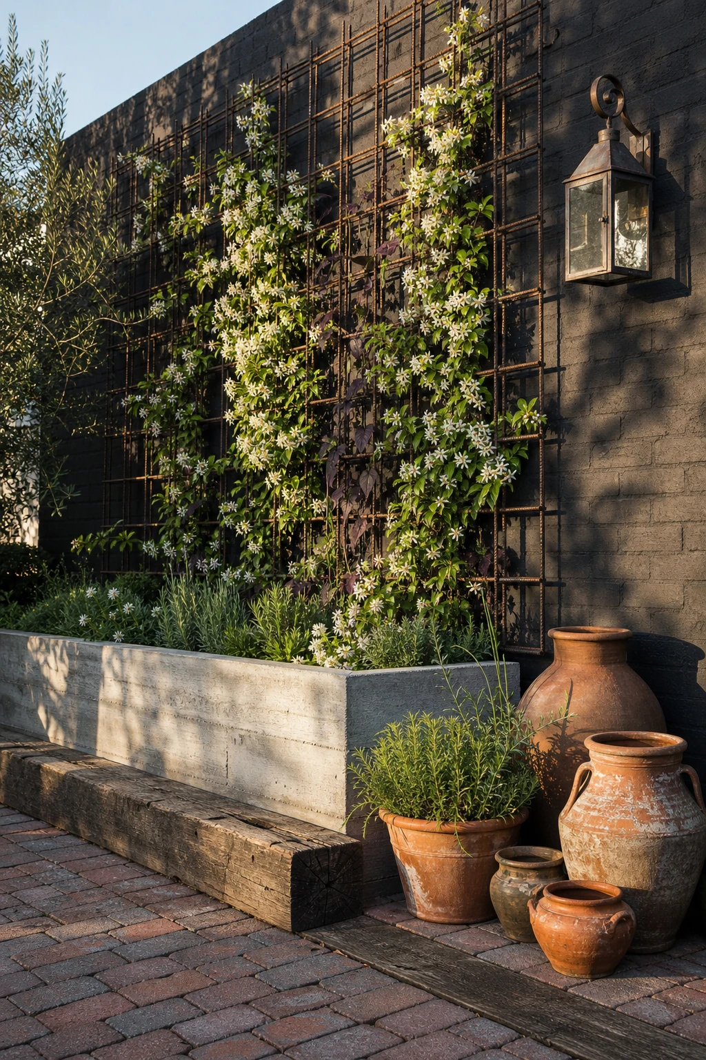 Industrial garden with a rebar mesh trellis panel as hero feature, climbing plants weaving through steel grid, Farrow & Ball Liquorice painted wall behind