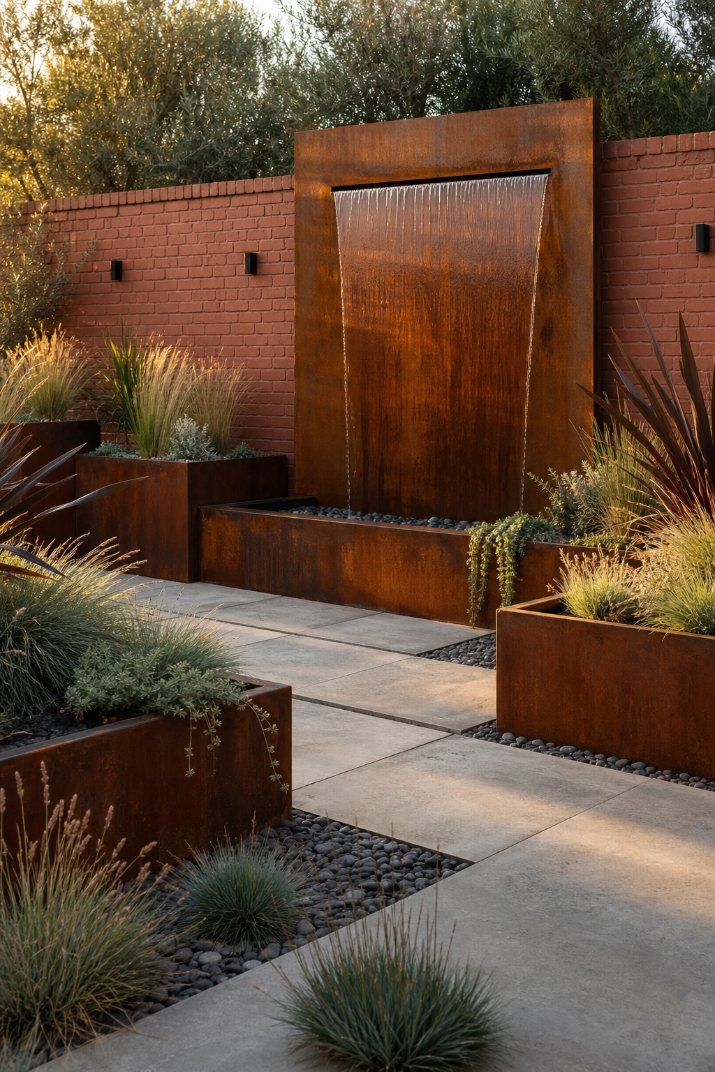 Industrial garden with a rusted metal water feature as the focal point, aged steel planters, raw concrete paving, and Farrow and Ball Fox Red accents on a boundary wall