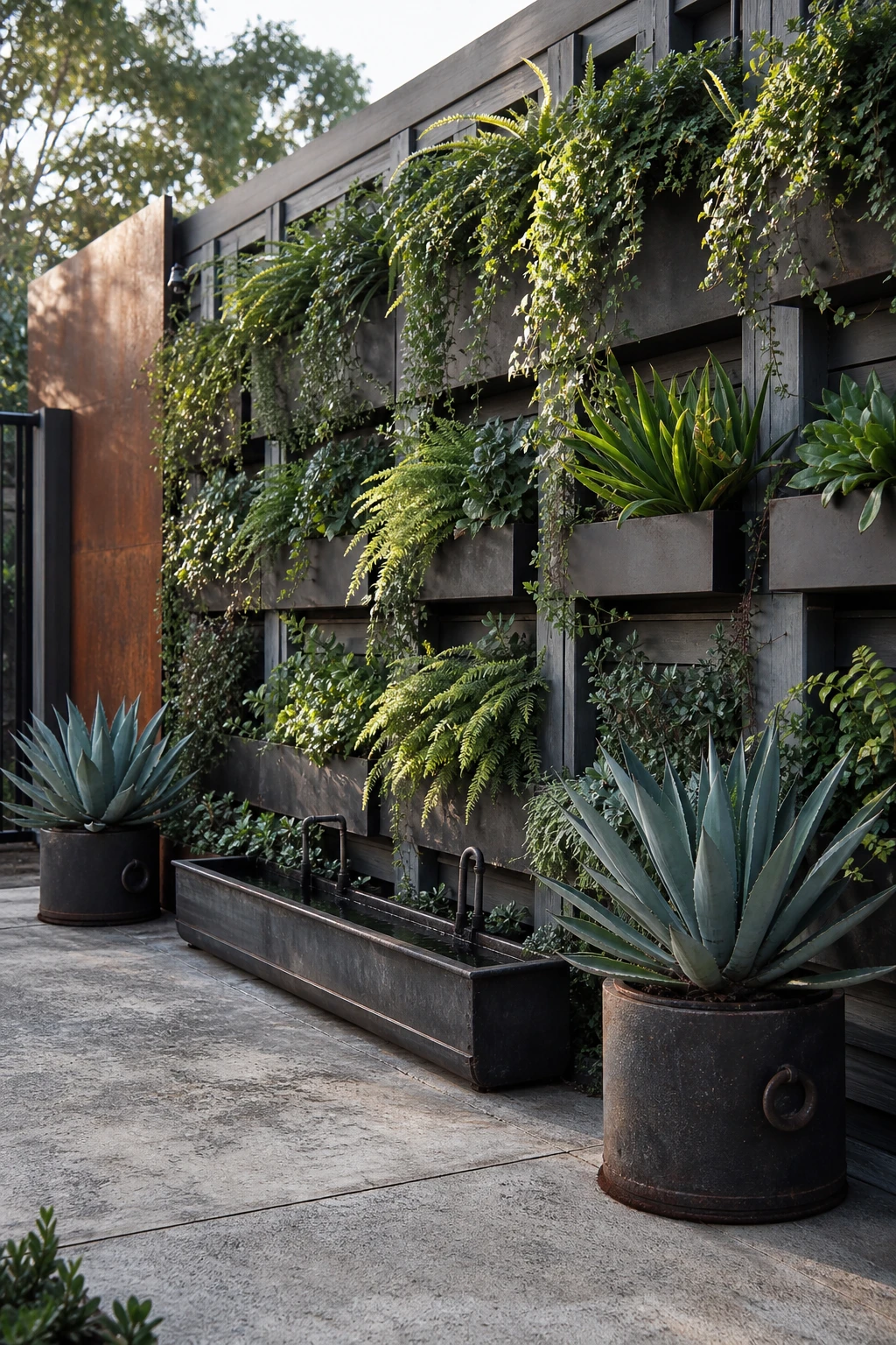 Industrial garden with a vertical planting wall as the hero, modular steel pocket planters, weathered timber fence, lush trailing greenery, Farrow & Ball Pigeon painted fence rails