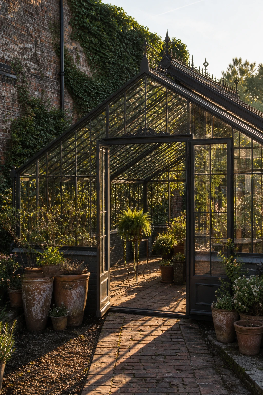 Industrial garden with a Victorian glasshouse as the hero, featuring black cast iron frames, aged terracotta pots, reclaimed brick paths and Farrow & Ball Down Pipe painted trim
