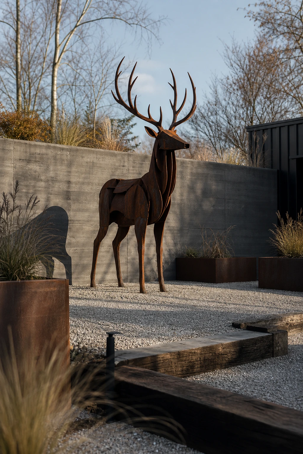 Industrial garden with a weathered metal deer sculpture as the focal point, set against a Farrow & Ball Worsted painted garden wall amid gravel and steel planters