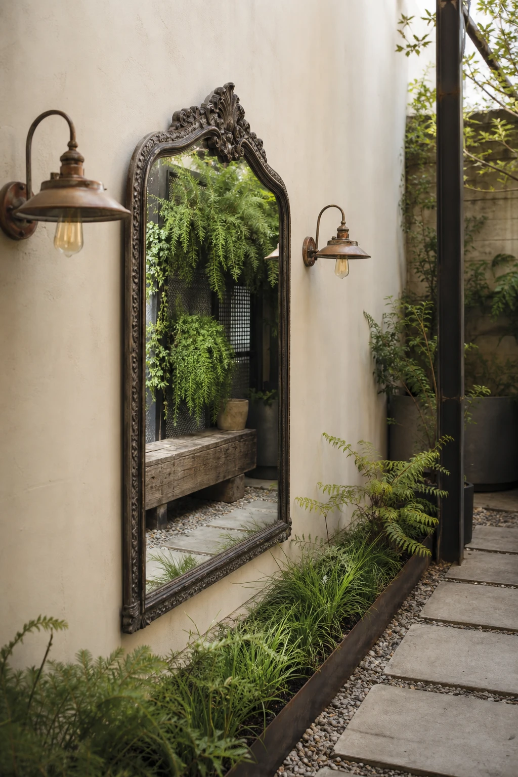 Industrial garden with an antique mirror mounted on a Bone painted wall, reflecting lush planting and steel planters in a compact outdoor space