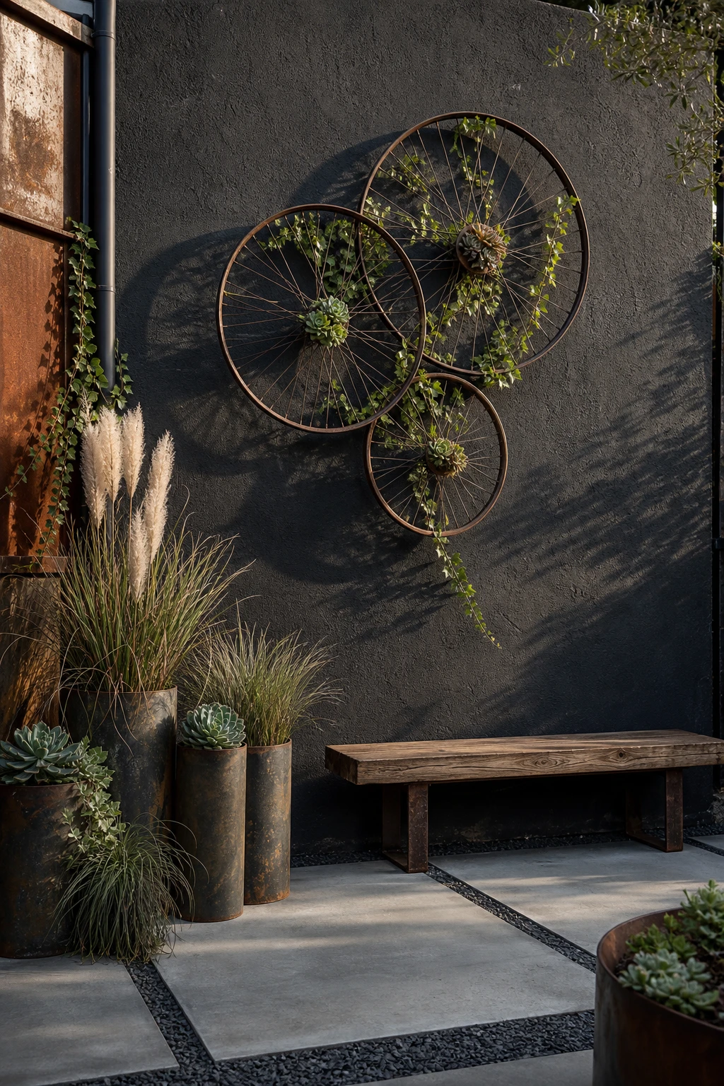 Industrial garden with bicycle wheel art mounted on a dark rendered wall, surrounded by ornamental grasses, salvaged metal planters and concrete paving in afternoon light