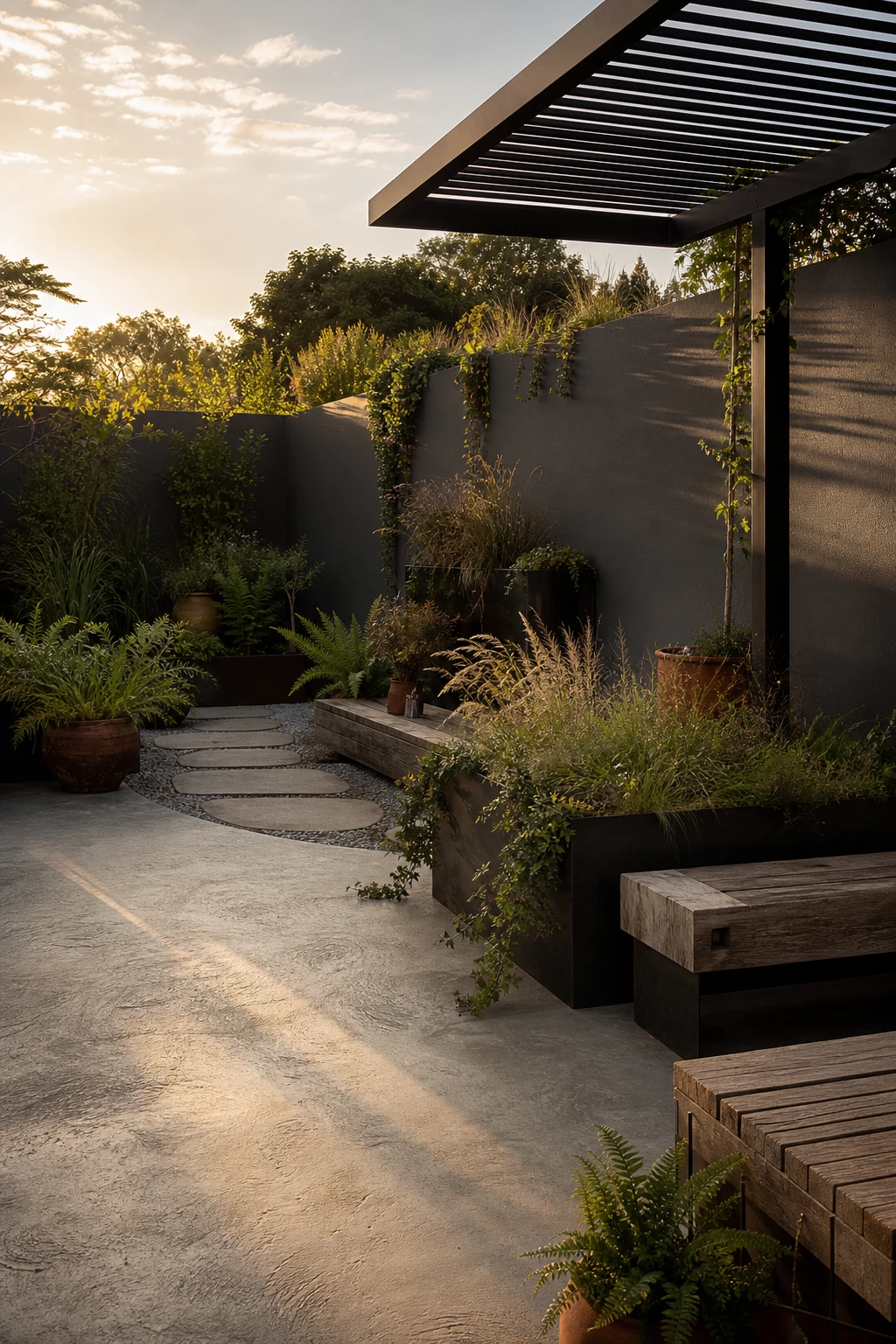 Industrial garden with concrete surfaces as hero, textured walls in Farrow & Ball Plummett grey, softened by lush planting, steel planters and reclaimed timber seating
