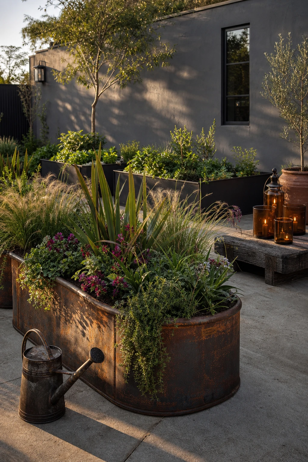 Industrial garden with oversized metal horse trough planters filled with lush grasses and bold perennials against a Farrow & Ball Stoke grey rendered wall