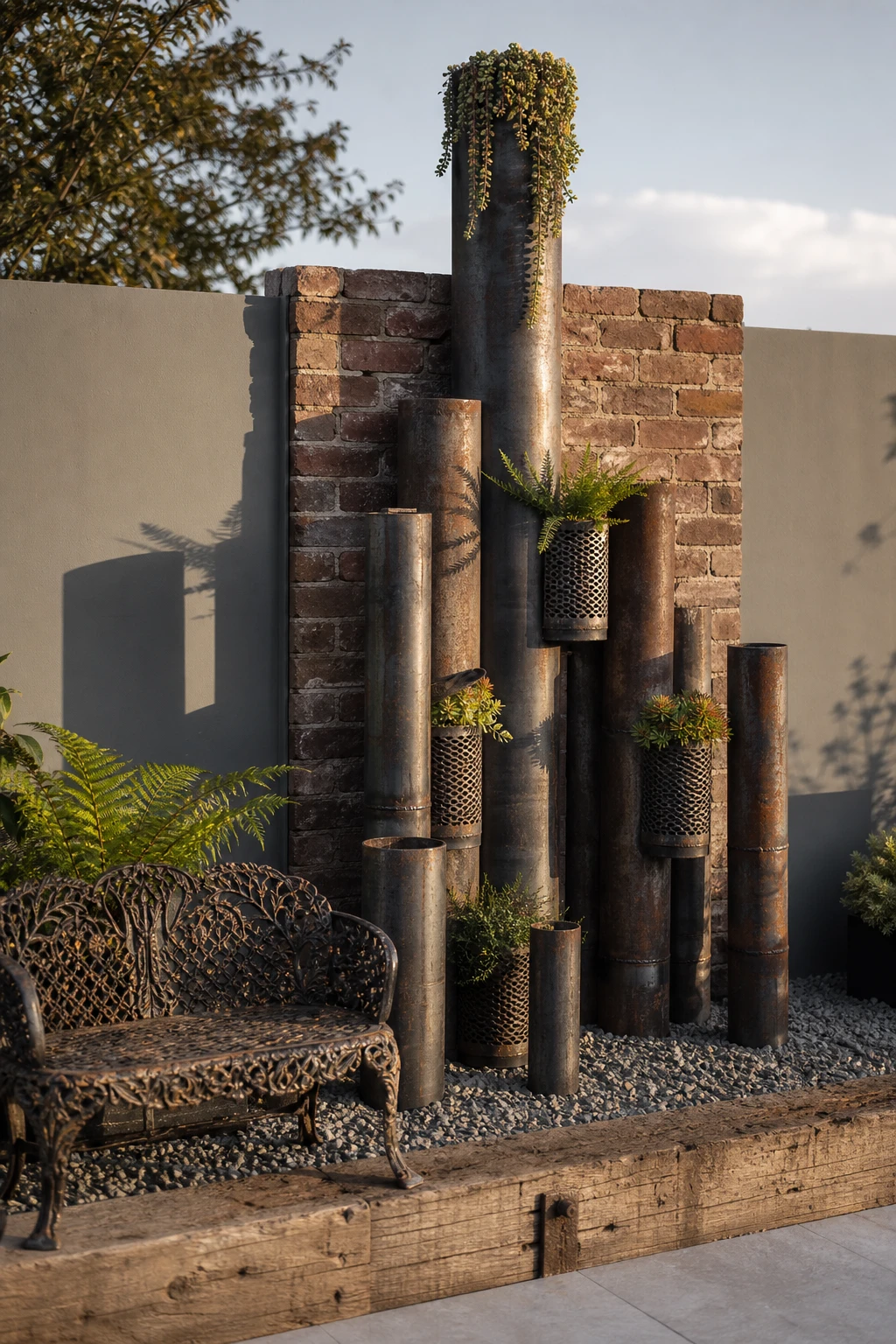 Industrial garden with salvaged metal pipe stacks as a vertical display feature, raw steel planters, reclaimed brick wall and gravel ground cover in evening light
