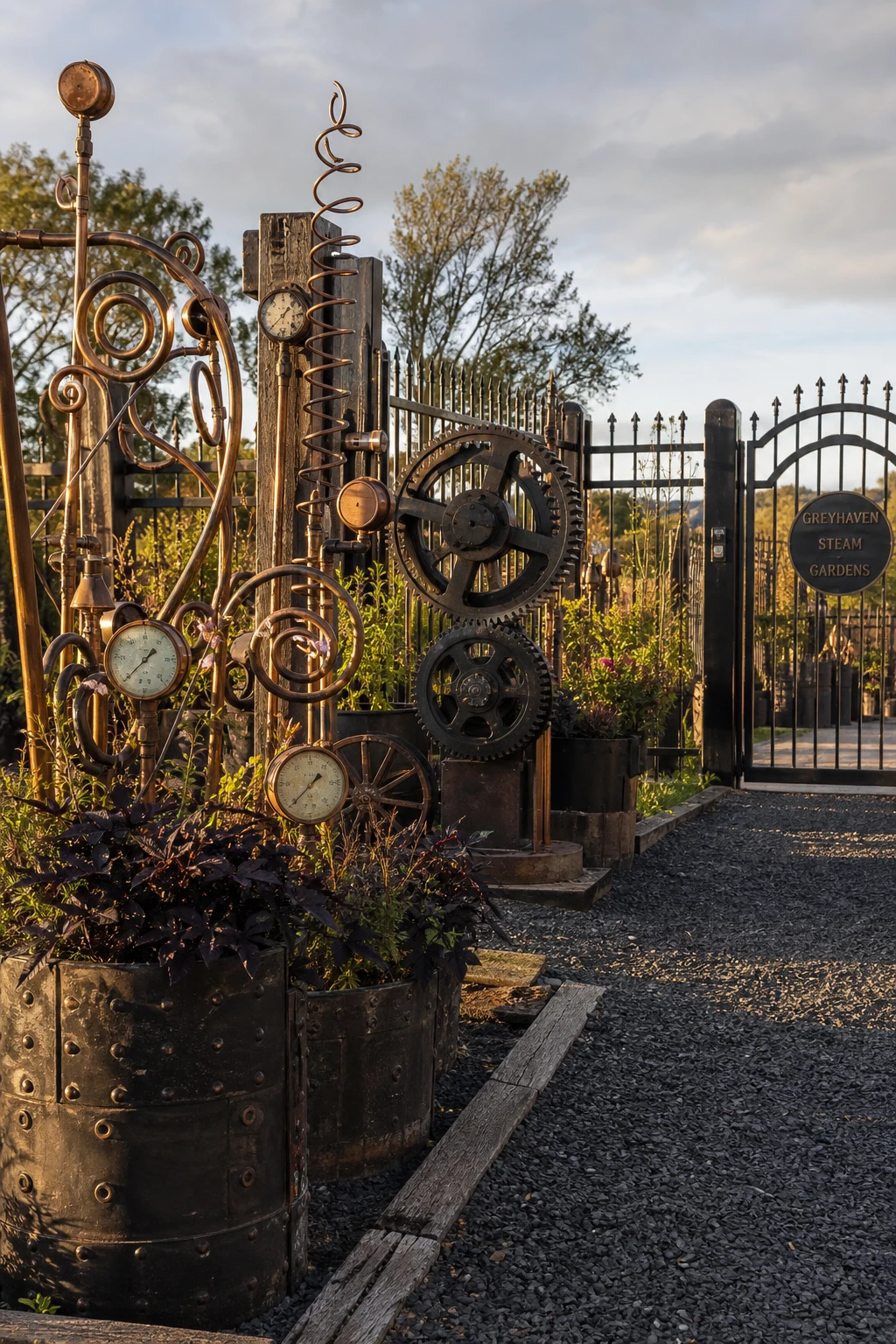 Industrial garden with steampunk styling as the hero, featuring copper pipe sculptures, reclaimed metal planters, and Farrow & Ball Grate Black painted ironwork gate