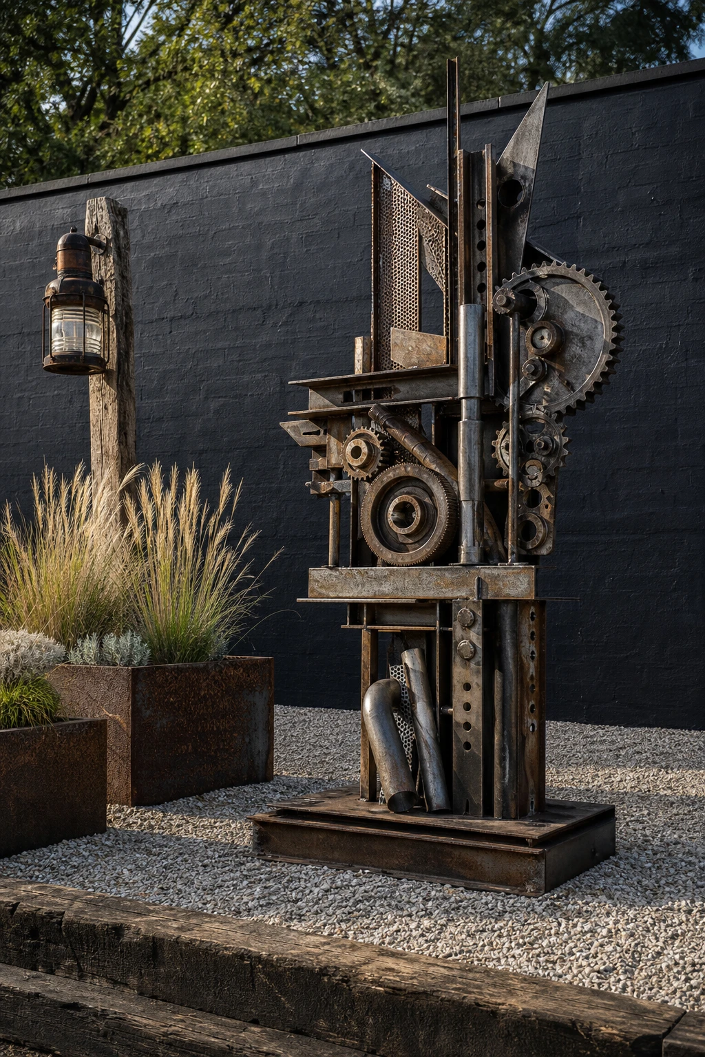 Industrial garden with welded scrap metal art sculpture as hero, set against a Farrow & Ball Paean Black painted boundary wall, surrounded by gravel, steel planters and raw timber