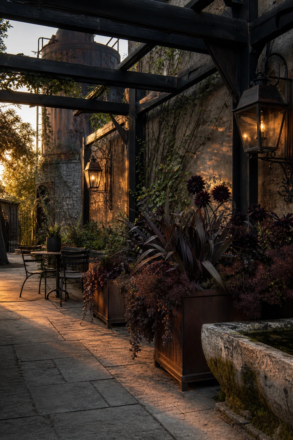 Industrial gothic garden with Farrow & Ball Pitch Black pergola, rusted metal planters, dark foliage, wrought iron lanterns and aged stone paving at dusk