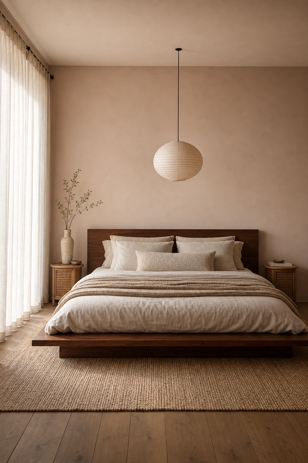 Japandi bed as hero in a serene brown and cream bedroom with low platform frame, linen bedding, rattan side table, and Farrow and Ball Ointment Pink walls