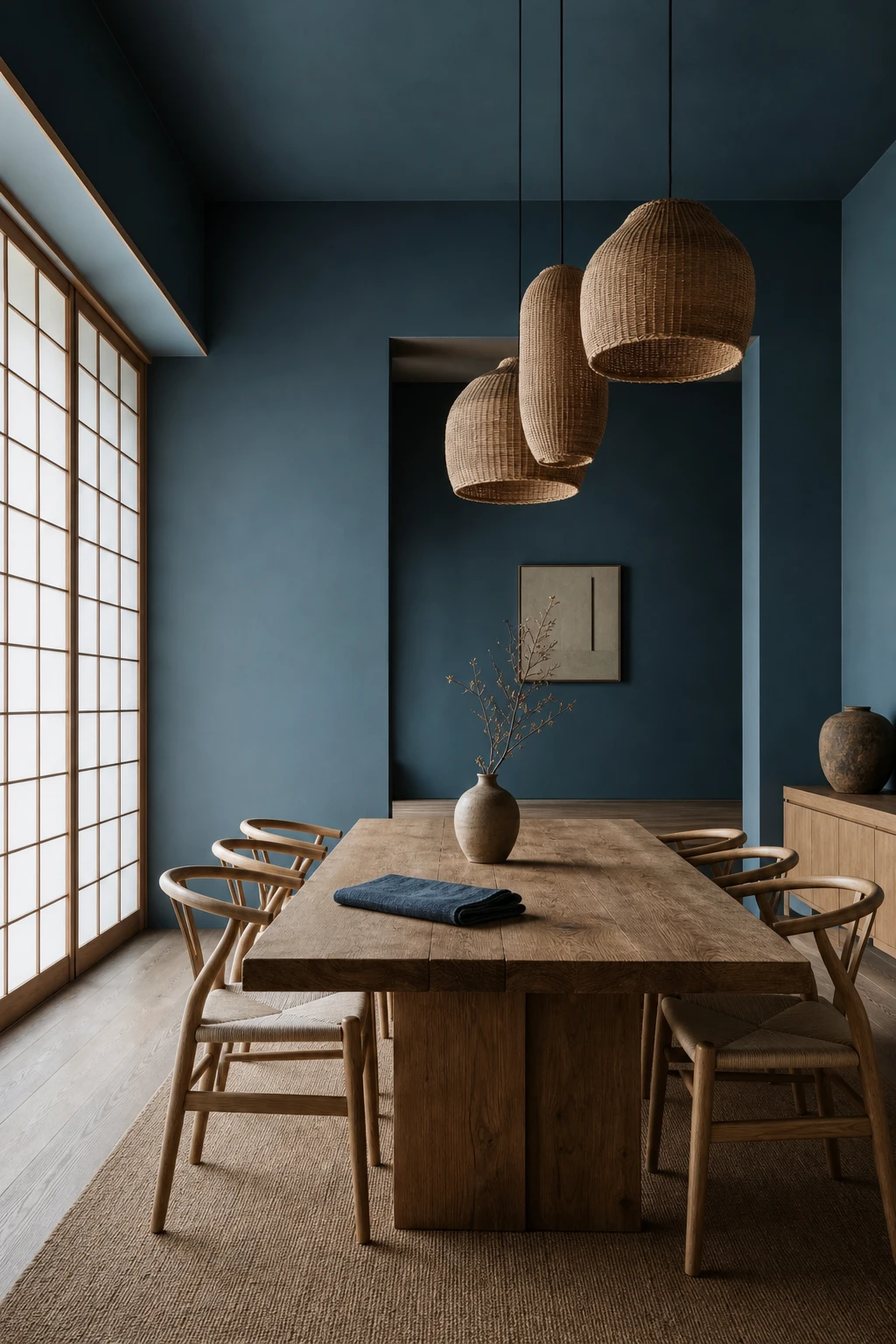 Japandi blue boho dining room with a wabi sabi table, rattan pendant, linen cushions, and Farrow & Ball Dix Blue walls in soft natural light