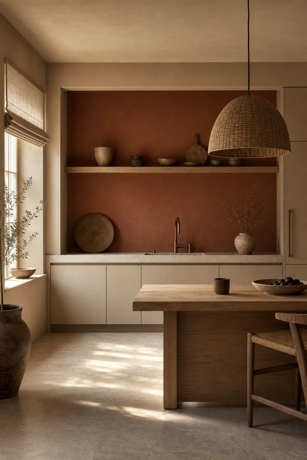 Japandi brown and beige kitchen with flat front cabinetry, wabi sabi ceramics, and Farrow and Ball Red Earth on a recessed alcove wall