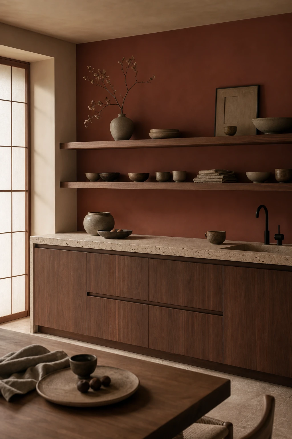 Japandi brown and beige kitchen with warm timber cabinetry, wabi sabi ceramics, minimal open shelving and Red Earth painted wall in soft natural light
