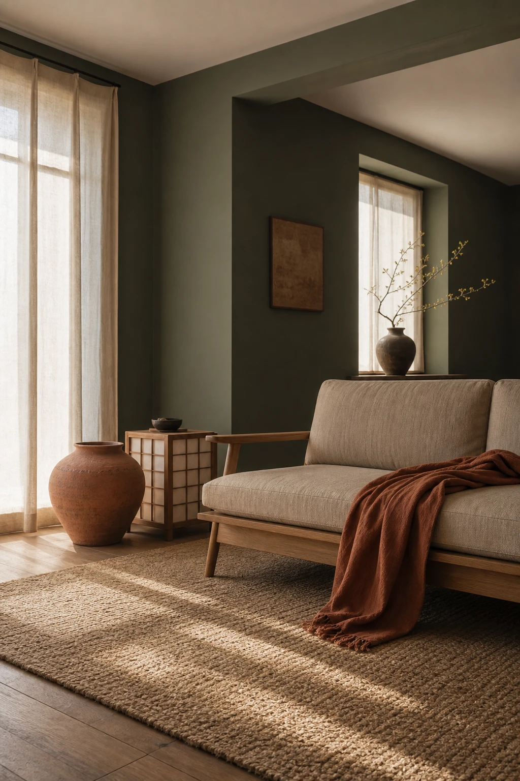 Japandi influenced dark green and terracotta living room with clean lines, a low timber sofa, wabi sabi ceramic vessels and Farrow and Ball Calke Green walls