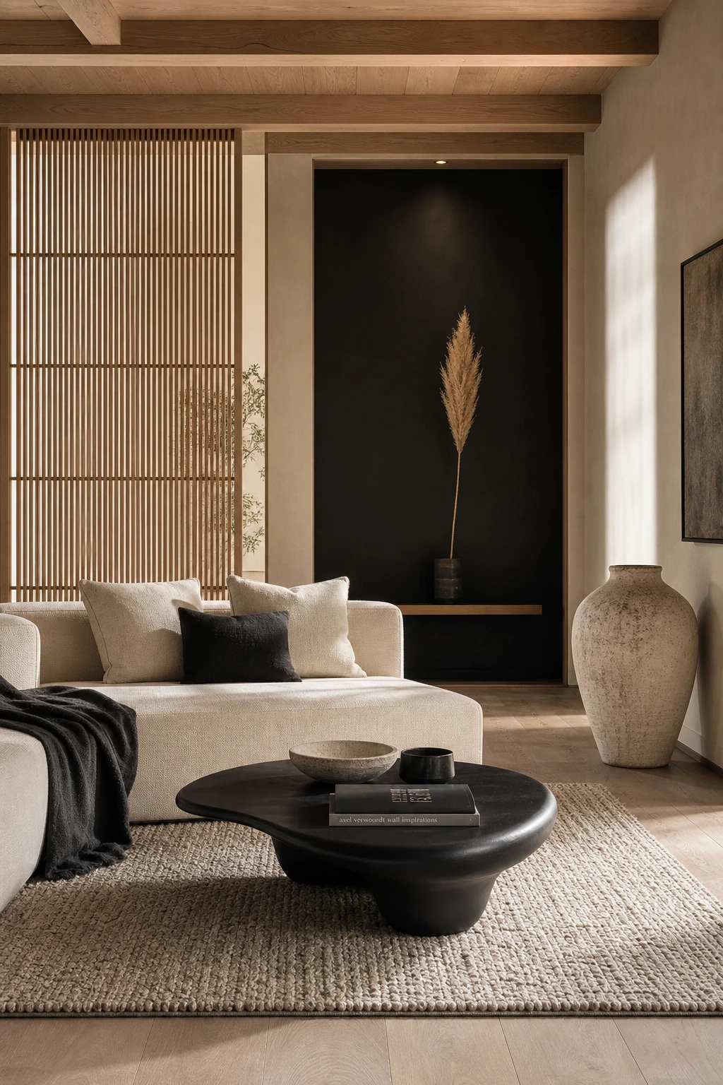 Japandi living room with black and cream palette featuring low furniture, wabi sabi textures, shoji style panels and Bible Black painted feature wall