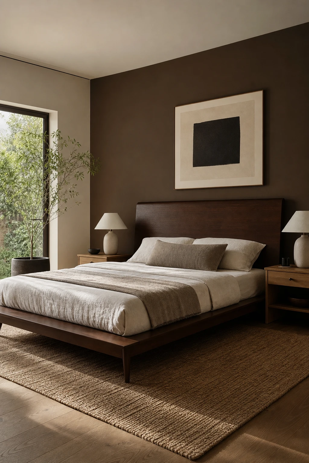 Japandi Mid Century Modern bedroom anchored by a dark brown wooden bed with low platform frame, warm natural light, and Farrow and Ball Tanners Brown accent wall