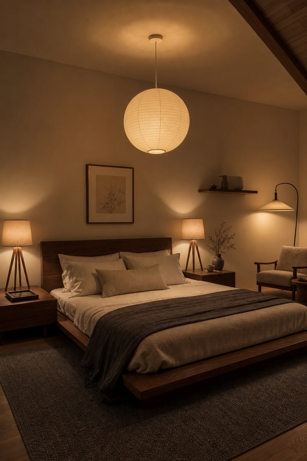 Japandi Mid Century Modern bedroom at night with layered warm lighting from pendant, bedside lamps and floor lamp bathing walnut furniture in a cosy amber glow