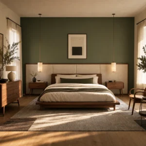 Japandi Mid Century Modern bedroom with a low walnut platform bed, long boucle headboard, sage green accent wall, oak nightstands, and warm afternoon light across oiled oak floors.