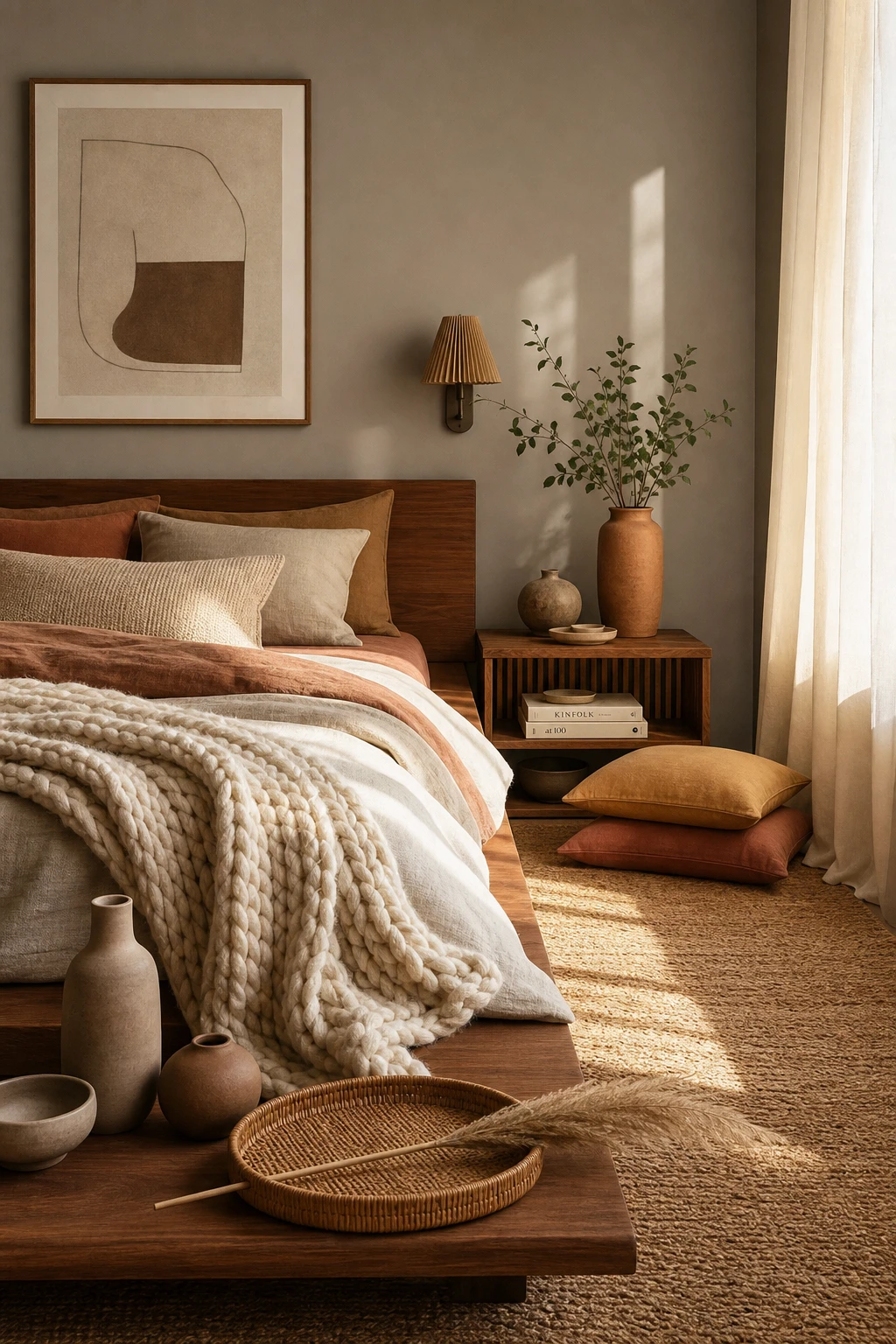 Japandi Mid Century Modern bedroom styled with warm decor layers including ceramic vessels, woven textiles, and low timber furniture in earthy tones