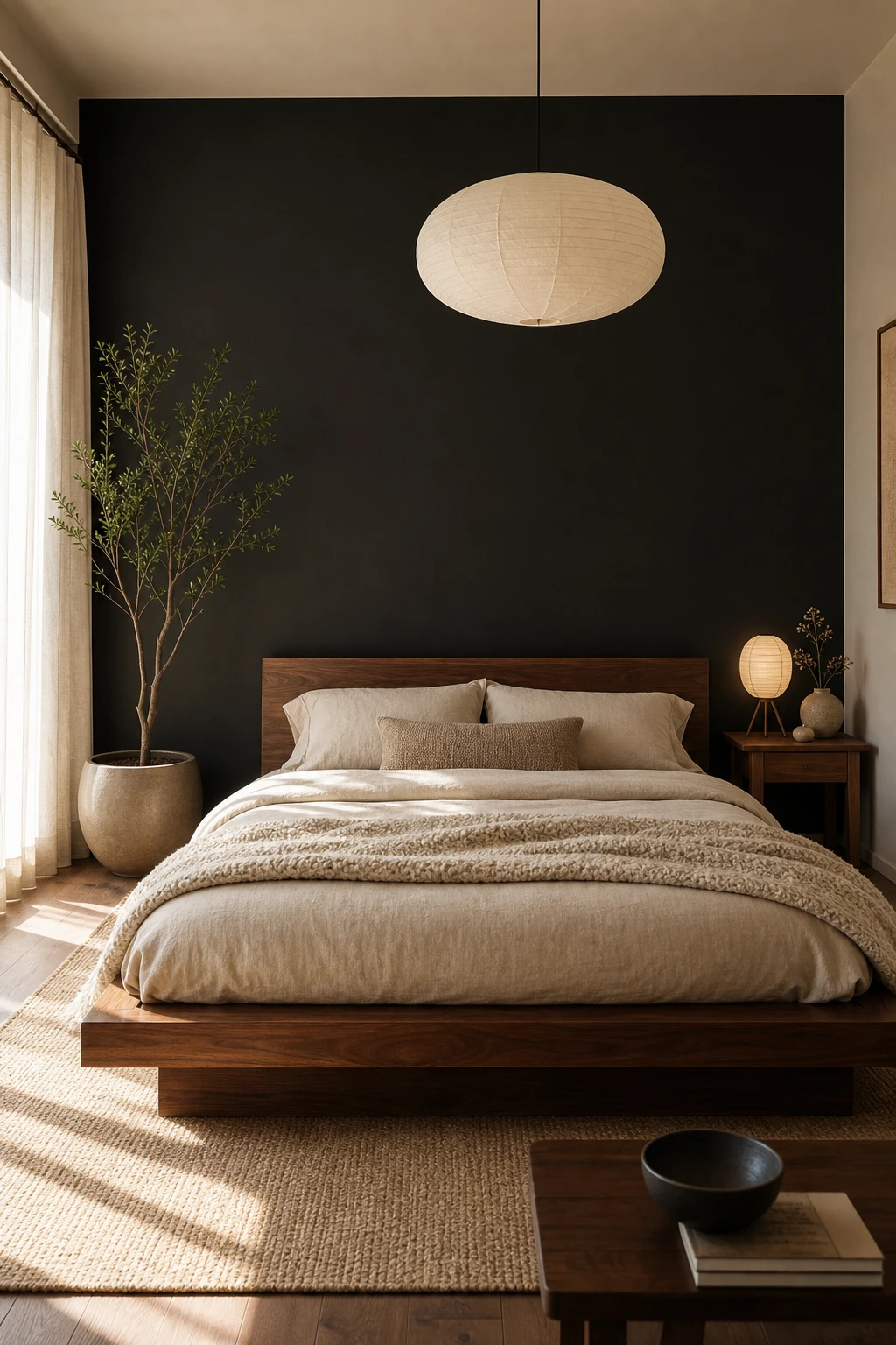 Japandi mid century modern bedroom with a black feature wall behind a low platform bed, warm timber furniture, linen bedding, and paper pendant light