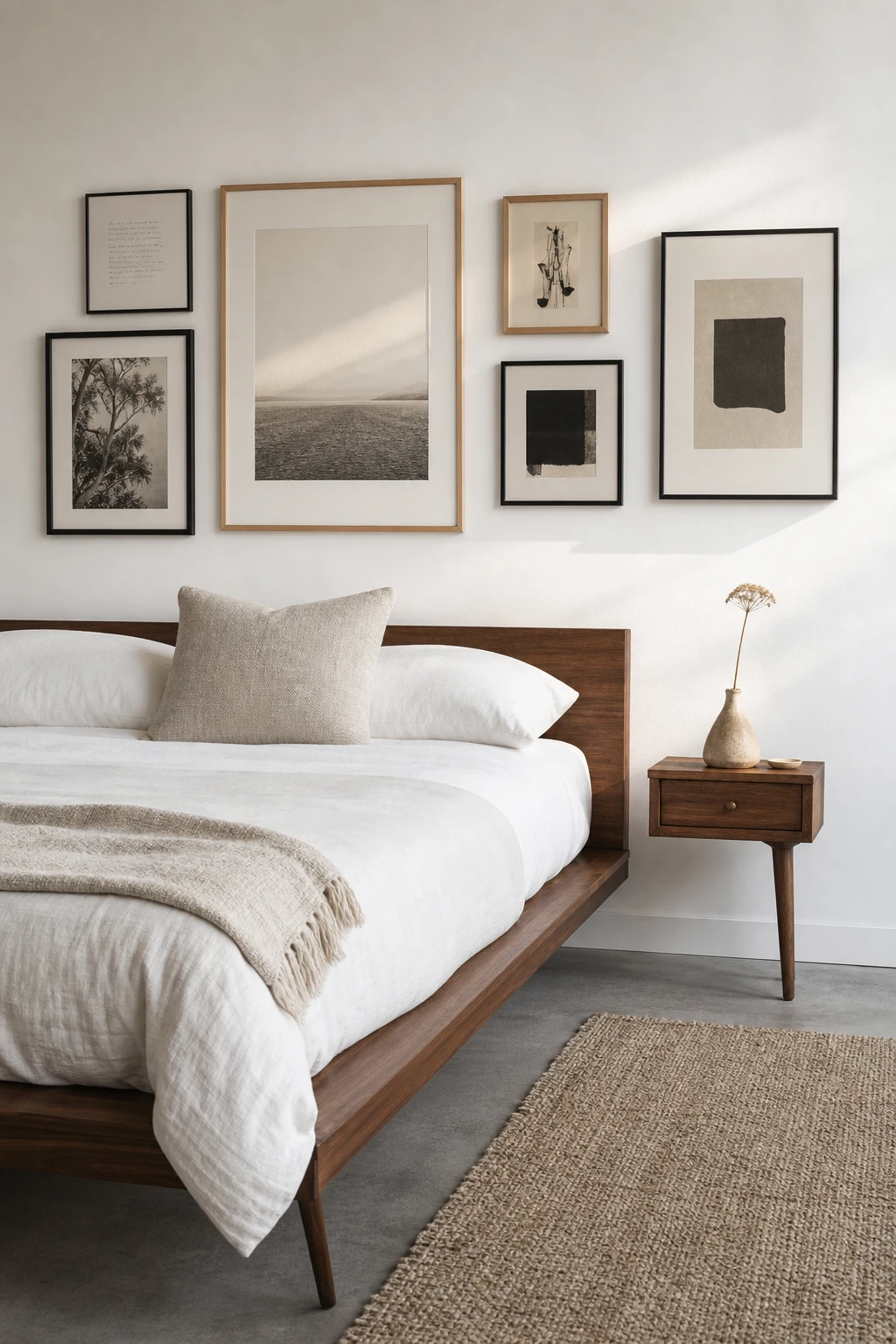 Japandi mid century modern bedroom with a curated gallery wall above a low platform bed, framed art in natural wood and black, cool white walls, warm morning light