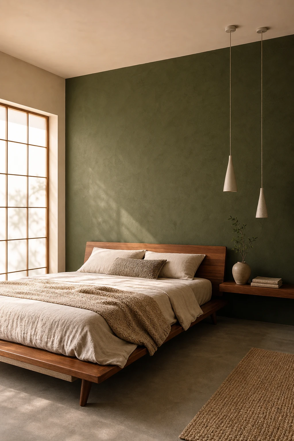 Japandi Mid Century Modern bedroom with a deep green Bancha accent wall behind a low platform bed, natural linen bedding, walnut furniture and warm morning light