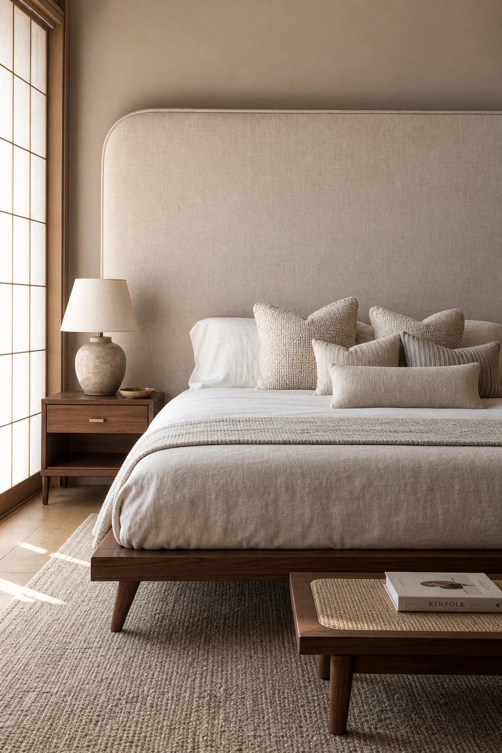 Japandi Mid Century Modern bedroom with a large padded headboard as the focal point, warm neutral walls, low platform bed, and soft natural textiles in morning light