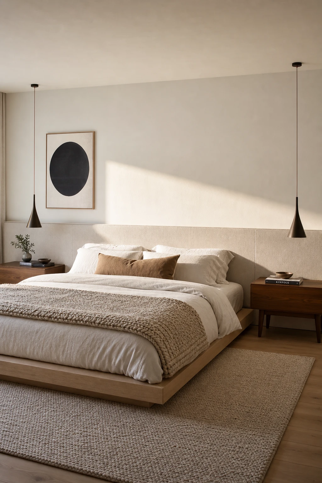 Japandi mid century modern bedroom with a long low upholstered headboard in warm linen spanning the full wall width, soft morning light, Farrow and Ball Shaded White walls