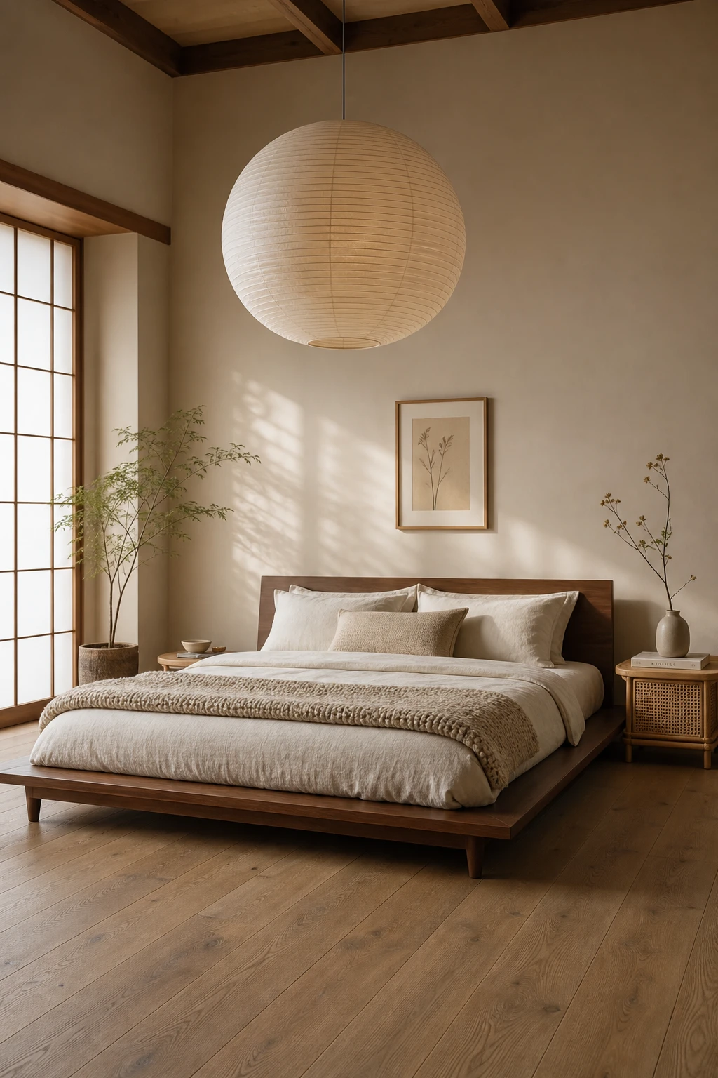 Japandi Mid Century Modern bedroom with a low walnut bed frame as the hero, warm neutral walls, linen bedding, paper pendant light and oak plank floor