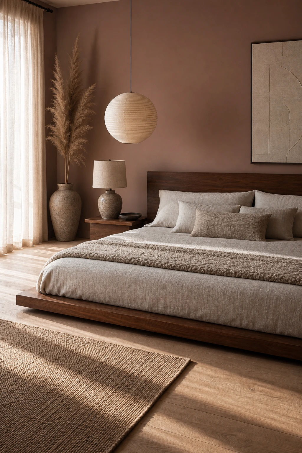 Japandi Mid Century Modern bedroom with a low walnut platform bed base as the hero, warm neutral walls, linen bedding, paper pendant light and timber flooring